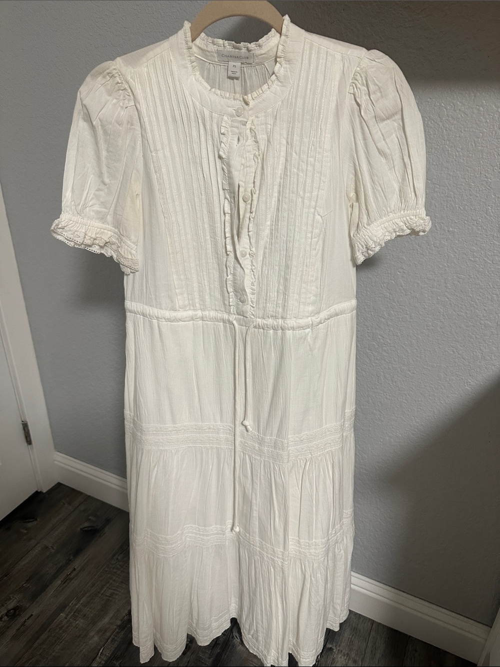 Charter Club Boho White Cotton/Rayon Midi Dress with Pintuck & Lace Details PS